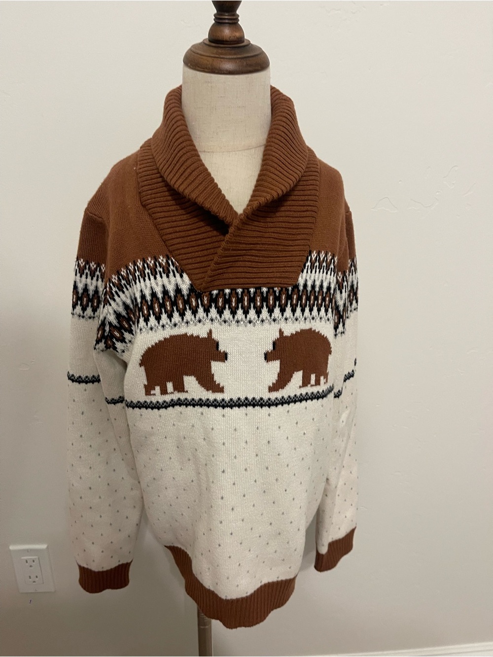 Janie and Jack Boys 8 Bear Fair Isle Shawl Collar Pullover Sweater Brown